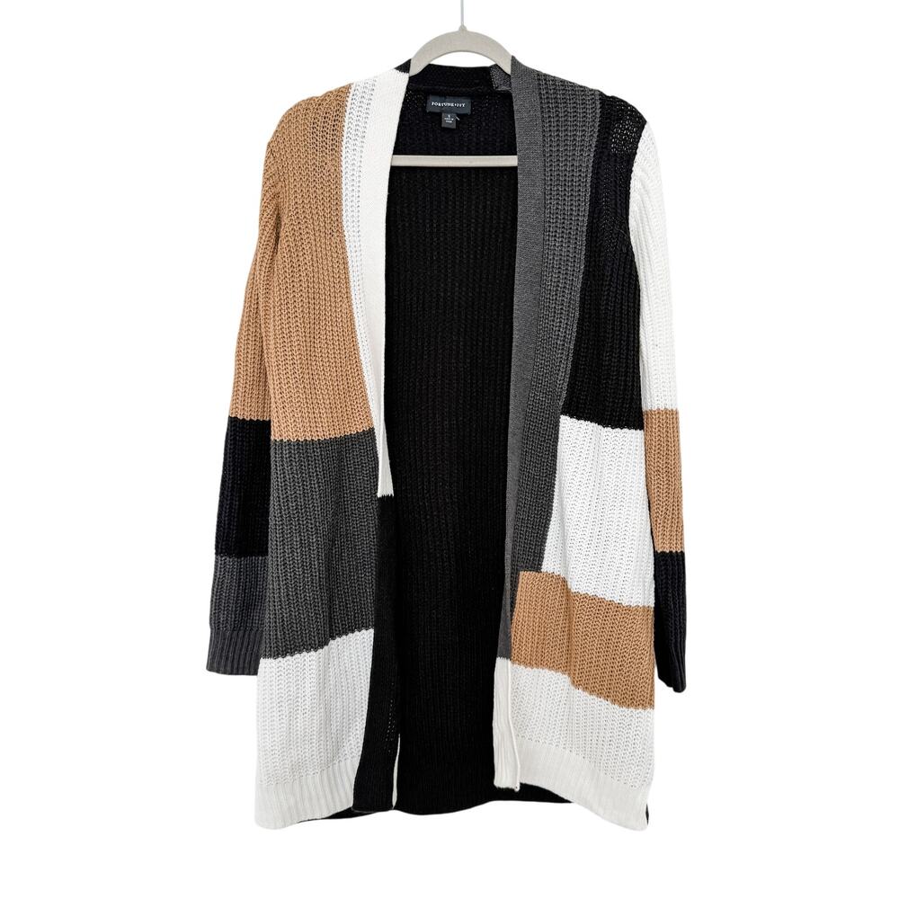 Colorblock Open-Front Cardigan Sweater in Black, Gray, White & Tan
